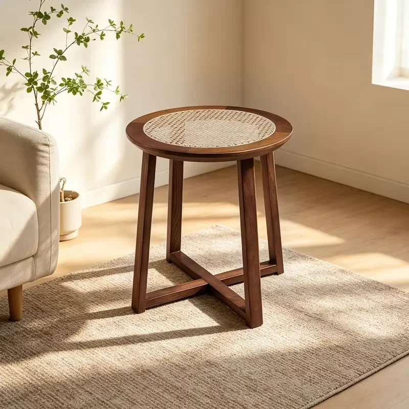 Ash Wood Round End Table Indonesian Natural Rattan Coffee Side Table Cross Base Accent Table for Israel Middle East