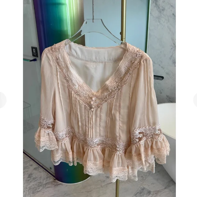 

Blouse Women Spring/summer New High-end French Elegant Style Advanced Chic Temperature Lace Pearl Lace V-neck Chiffon Shirt Top