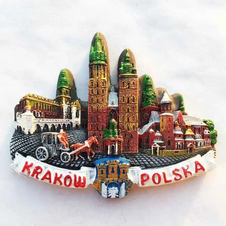 Creative 3D refrigerator stickers for landmark buildings in Krakow, Poland