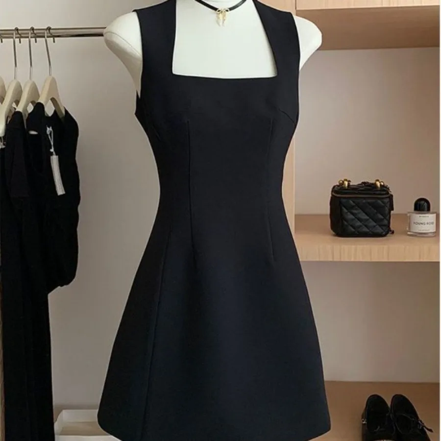 

【New style】French square neck waist-waist vest dress for women's spring and summer new style temperament slimming small black d