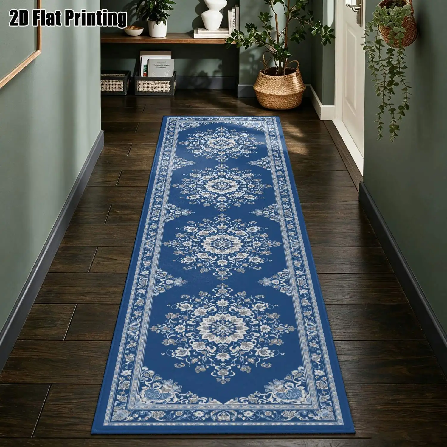 1Pc 2D Printed Striped Runner Carpet: Blue Floral, Vintage, Geometric, Bohemian Styles, Home Decor, Multi-Size, Machine Washable, for Entrance, Corridor, Living Room, Bedroom