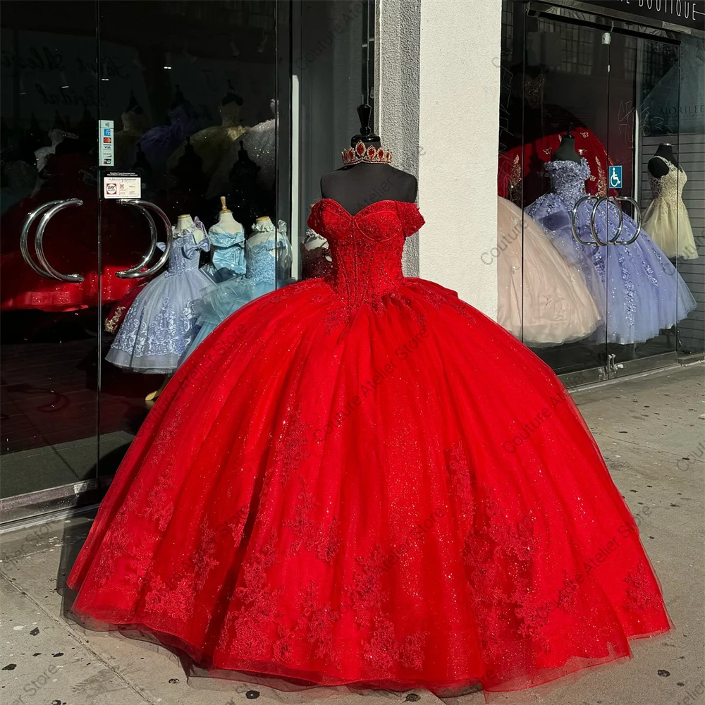 Ebullient สีแดงเม็กซิกัน Quinceanera เดรสโบว์ลูกปัด Applique วันเกิดพรรคบอลชุด vestidos de 15 quinceañera ที่กําหนดเอง