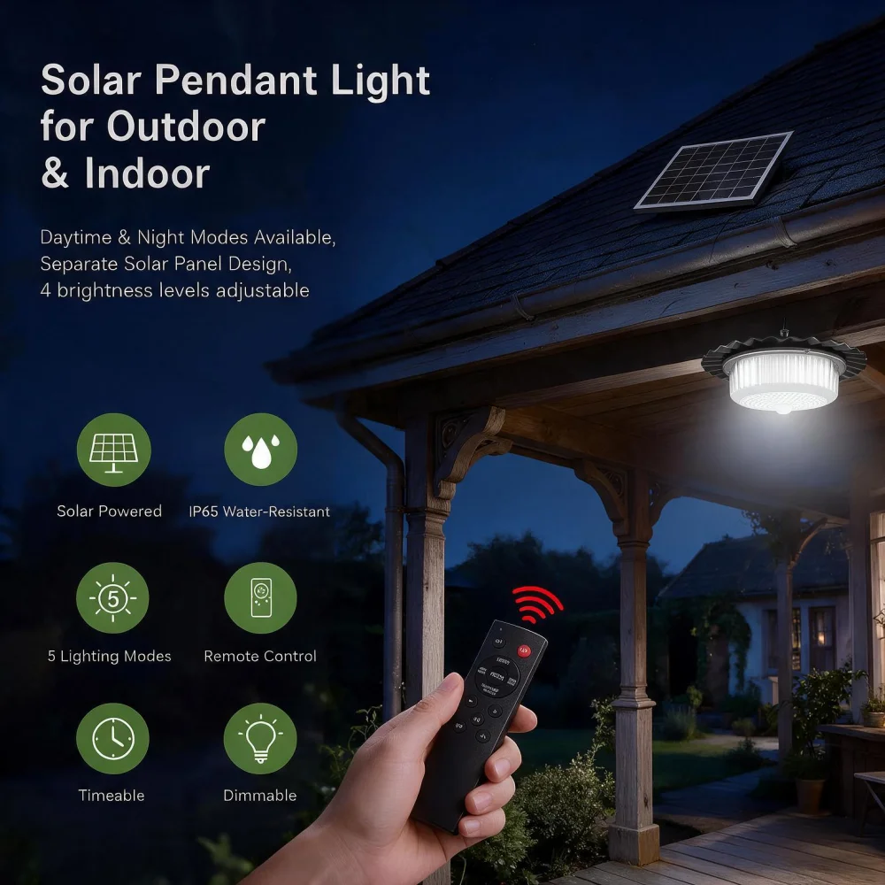 Outdoor Solar Hanging Lamp PIR Motion Sensor 5 Modes Remote Dimmable Timer Split 5M Cable IP65 Waterproof for Garden Barn Patio