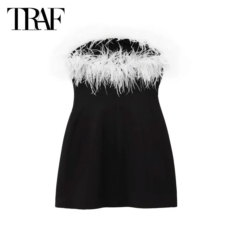 TRAF Feather Corset Dresses 2024 Women Dresses Mini Off Shoulder Short Dresses Sexy Elegant Party Dress Backless Black Vestidos