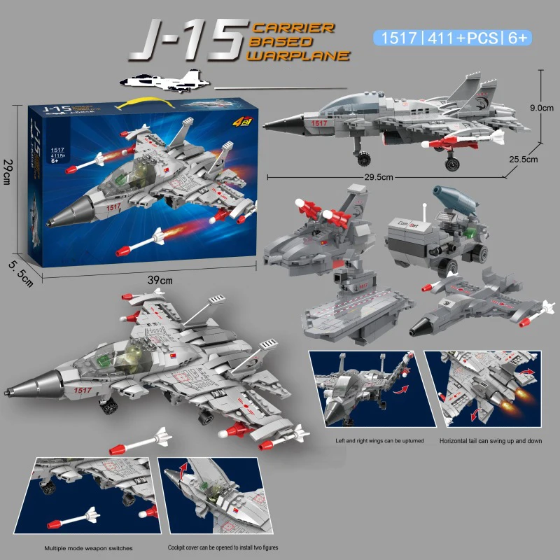 

China Modern Military Vehicle 4in1 Flying Shark J-15 Fighter Flanker-D Build Block WW2 Air Forces Figure Battlefield Brick Toy