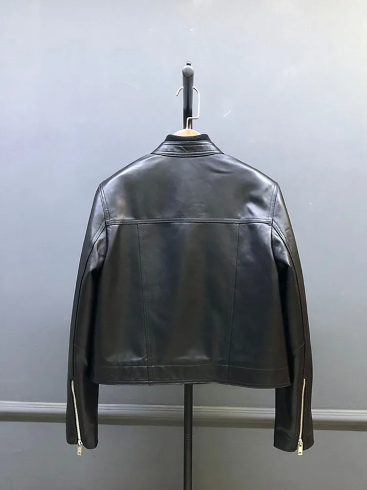 Moda femminile casual tipo sciolto pelle di pecora o collo giacca cerniera elegante donna vera pelle corta moto ciclismo capispalla