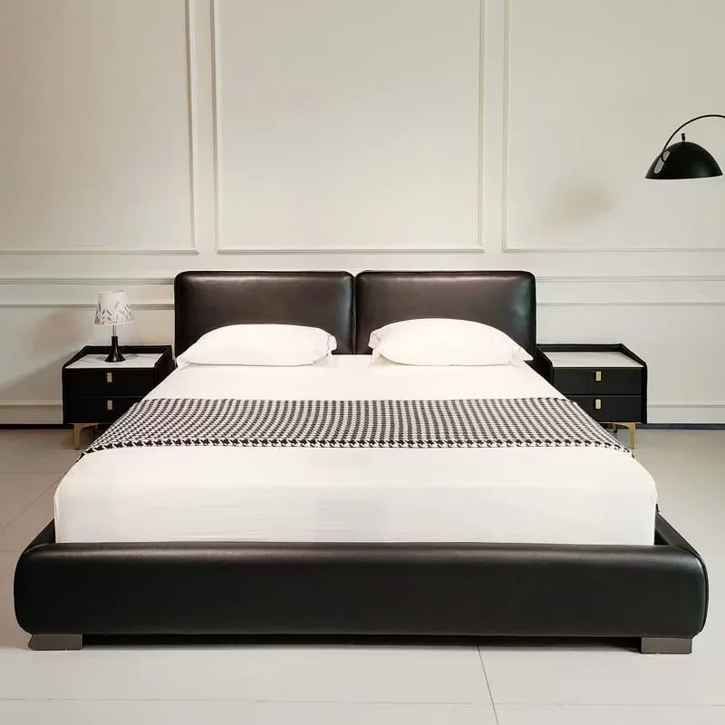 

Tofu cubes minimalist large black cow bed Italian leather master bedroom soft bag wedding bed high-end atmosphere modern