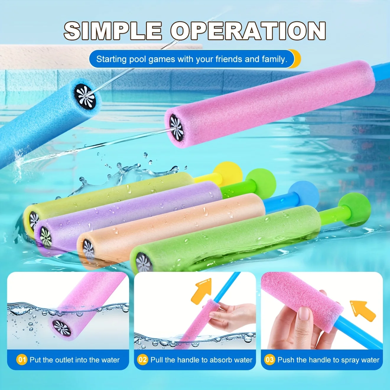 6-Pack Colorful Pull-Out Water Sprayers, Long-Range Leakproof,Kids & Adults, Summer Pool Beach Party, Interactive Outdoor Play