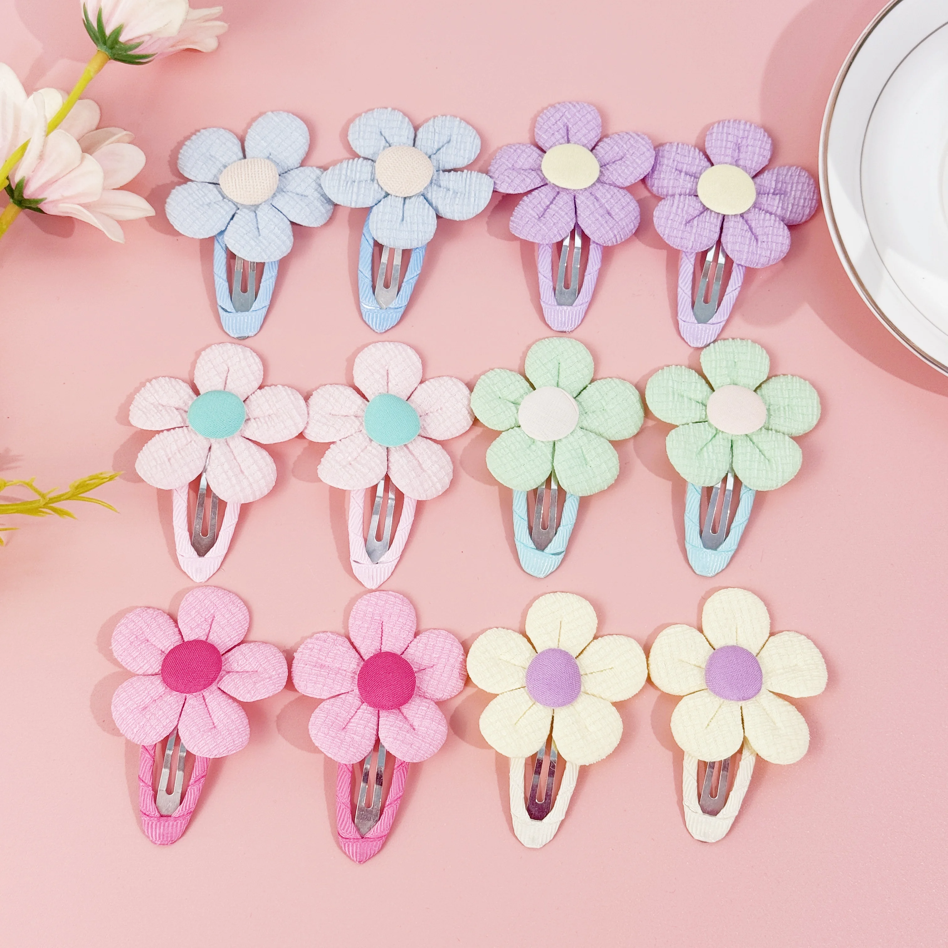 12 個かわいい花のヘアクリップ生地花柄 BB バレッタクリップ子供