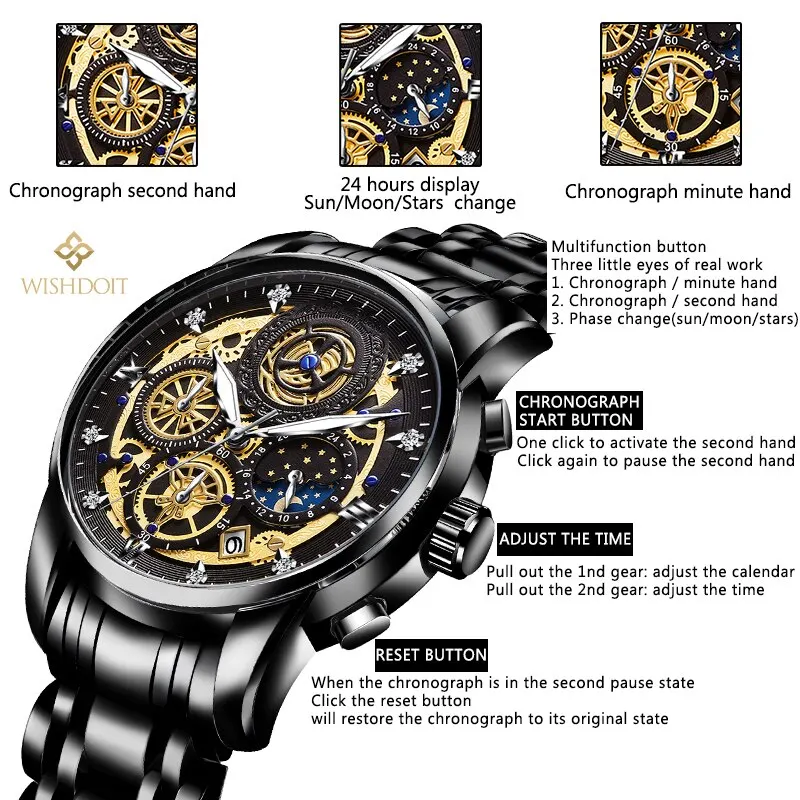 WISHDOIT Origineel horloge voor heren waterdicht roestvrij staal quartz analoog modebedrijf Sun Moon polshorloges topmerk