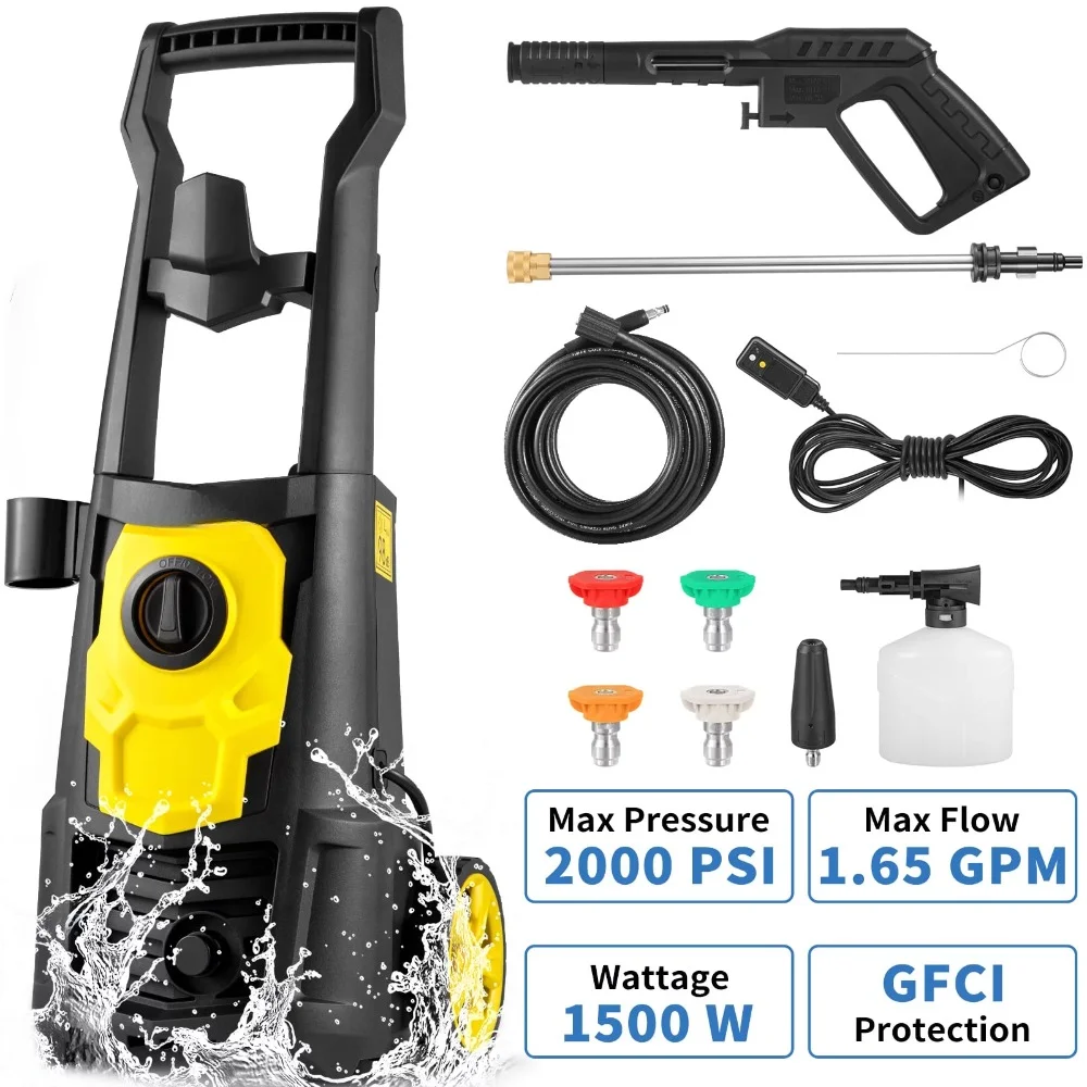 Electric Pressure Washer 2000 PSI Max 1.65 GPM Power Washer W/ 30 Ft Hose 5 Quick Connect Nozzles Foam Cannon GFCI Protection