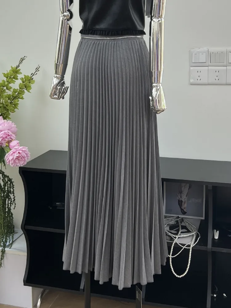 JNMC Minimally Designed Zipper Button Pleated Temperament Long A-line Skirt For Women 2024 Spring And Autumn New Item