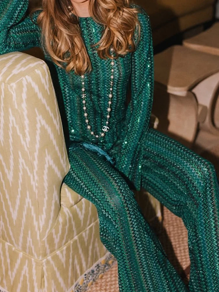 

Женский модный костюм из 2 предметов в полоску с принтом и кисточками, повседневный свободный комплект с длинными брюками, элегантный пуловер с v-образным вырезом и длинными рукавами, комплект брюк