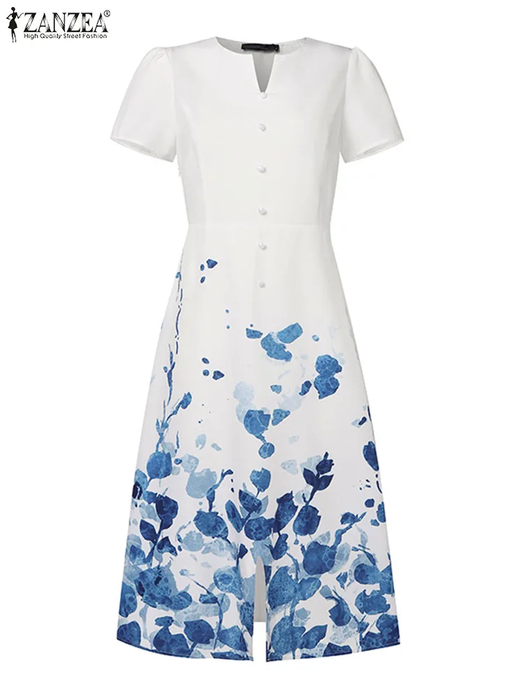 ZANZEA-Robe Longue Décontractée à Manches Courtes pour Femme, Imprimé Floral, Simple Poitrine, Mi-Longue, Élégante, Fente Latérale, Été 2024