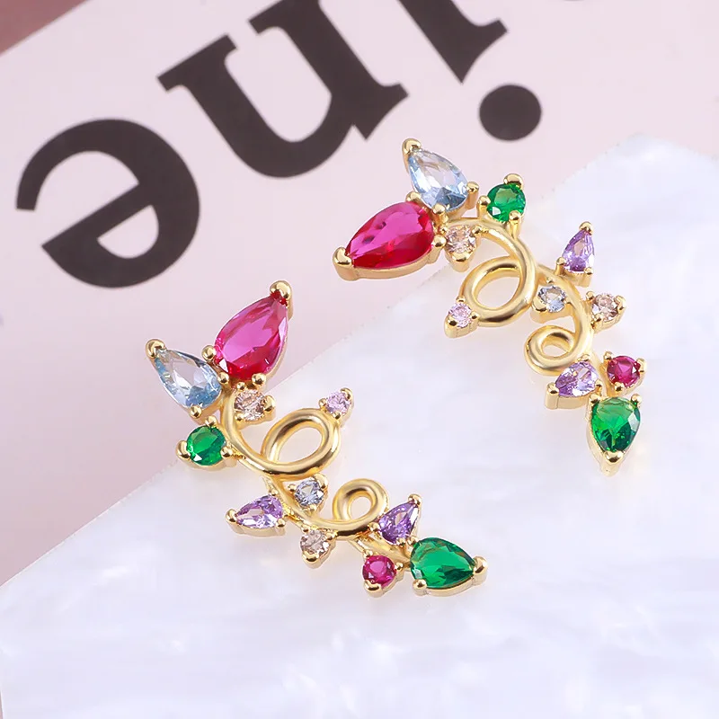 

Trend Gentle Sweet Metal Wrapping Vines Inlaid with Colorful Water Drop Zircon Clip Earrings Fuchsia Glass Stone Earrings Women