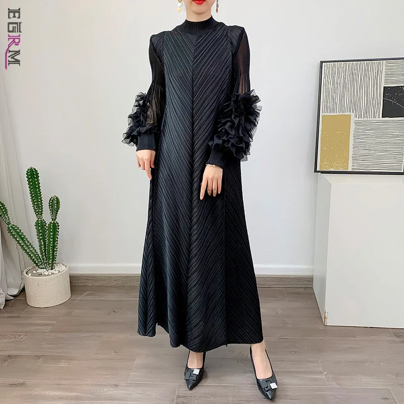 

EGRM 2024 Spring Casual Pleated Maxi Long Dress Fashion Solid Full Sleeved Festival Dresses Elegant Women's Clothing 2EG76192