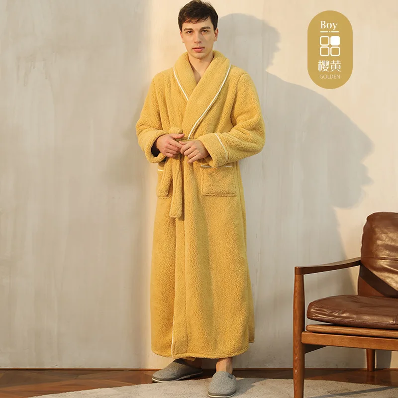 Men\'s Winter Bathrobe Long Sleeve Warm Turn Down Collar Man Fluffy Bath Robe With Sashes Solid Fleece Dressing Gown For Male