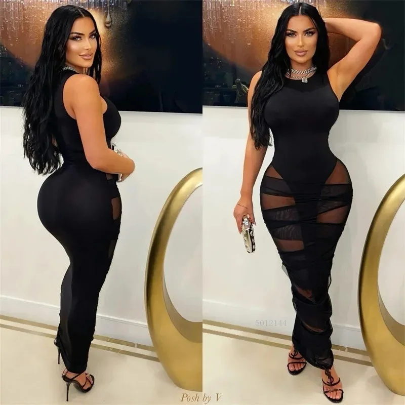 Doyerl Mesh See Through Patchwork Nero Aderente Maxi Dress Donna Y2K Vestiti Compleanno Night Club Party Fasciatura Abiti lunghi sexy