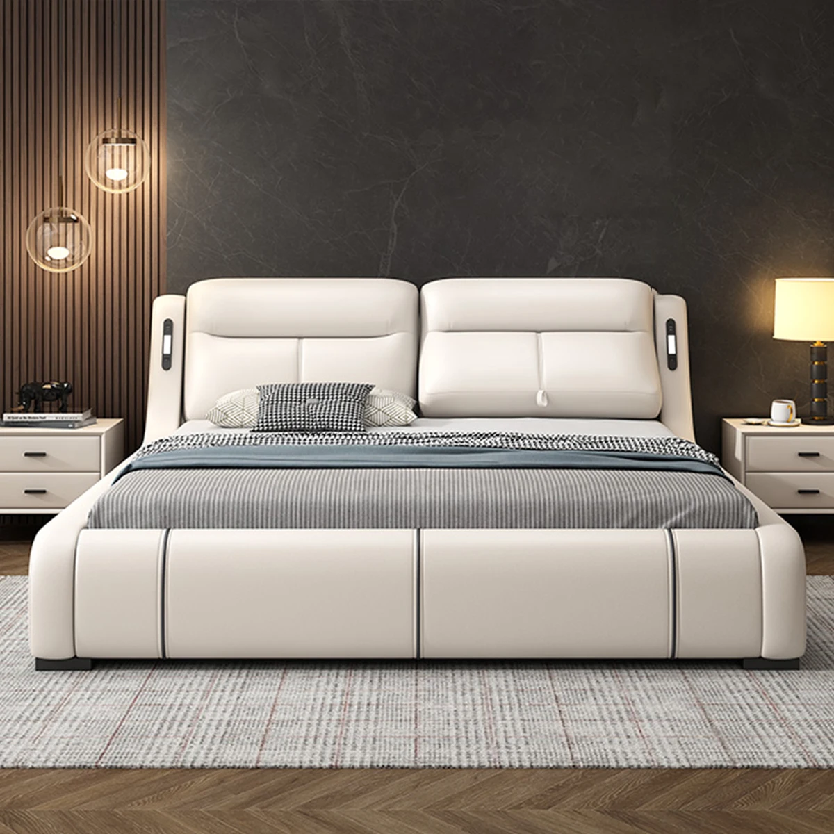 

#For Multifunctional Leather Bed with Adjustable Backrest Modern Light Luxury Storage High Quality King Bed with Night Light