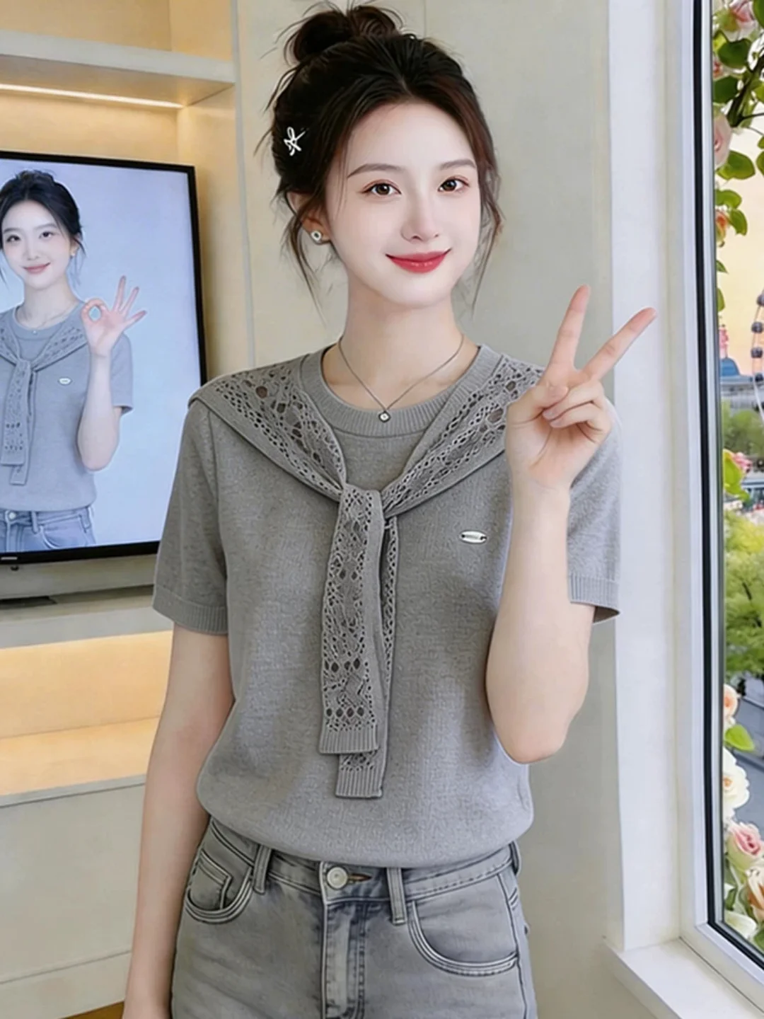 Chic Korean Style Lace Shoulder Wrap Short Sleeve T-Shirt Women's Fashionable Base Layer Top Unique Summer Beautiful Base Shirt