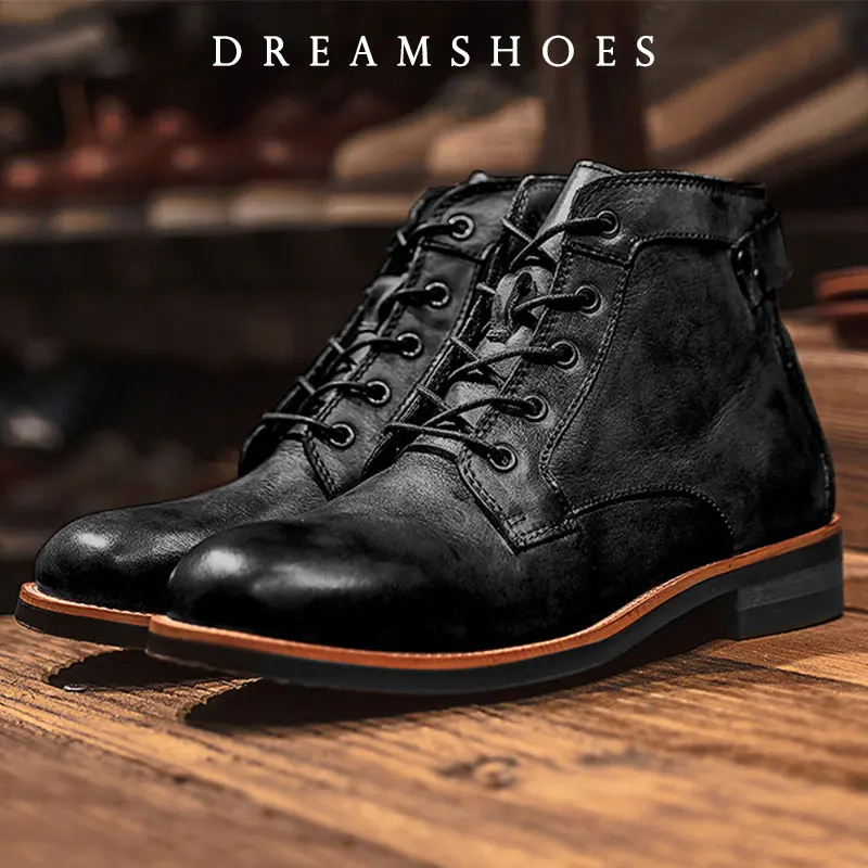 

2025 кожаные мужские ботинки ручной работы, ботильоны с круглым носком в стиле ретро, осенне-зимние мотоциклетные ботинки в стиле панк, массивные ботинки