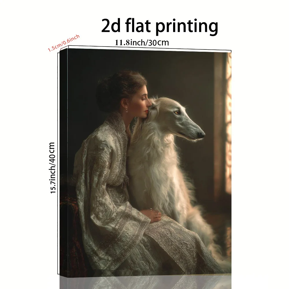 (No frame)2D Flat, Posters & Prints 1pc Vintage Elegant Woman & Borzoi Dog Painting - Ready-to-Hang Canvas Wall Art with Wood