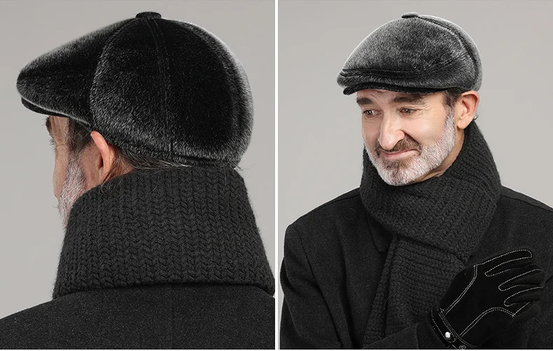 Winter-Zeitungsjungenmütze aus Kunstfell mit Ohrenklappen, Baskenmütze-Stil, Schirmmütze, warme flache Mütze für ältere Männer für kaltes Wetter – Detail 3