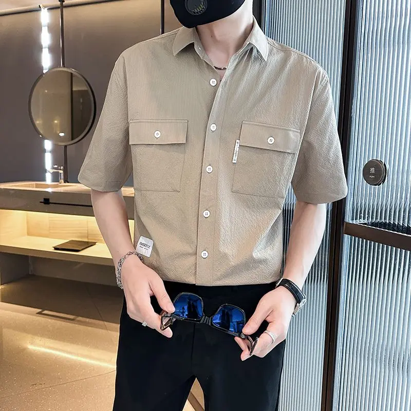 

Summer Men's Clothing Turn-down Collar Solid Button Pockets Cardigan Short Sleeve Shirt Swrinkle Free Preppy Style Casual Tops