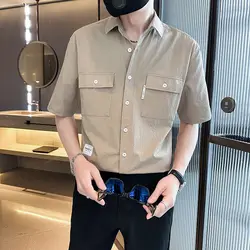 Summer Men's Clothing Turn-down Collar Solid Button Pockets Cardigan Short Sleeve Shirt Swrinkle Free Preppy Style Casual Tops