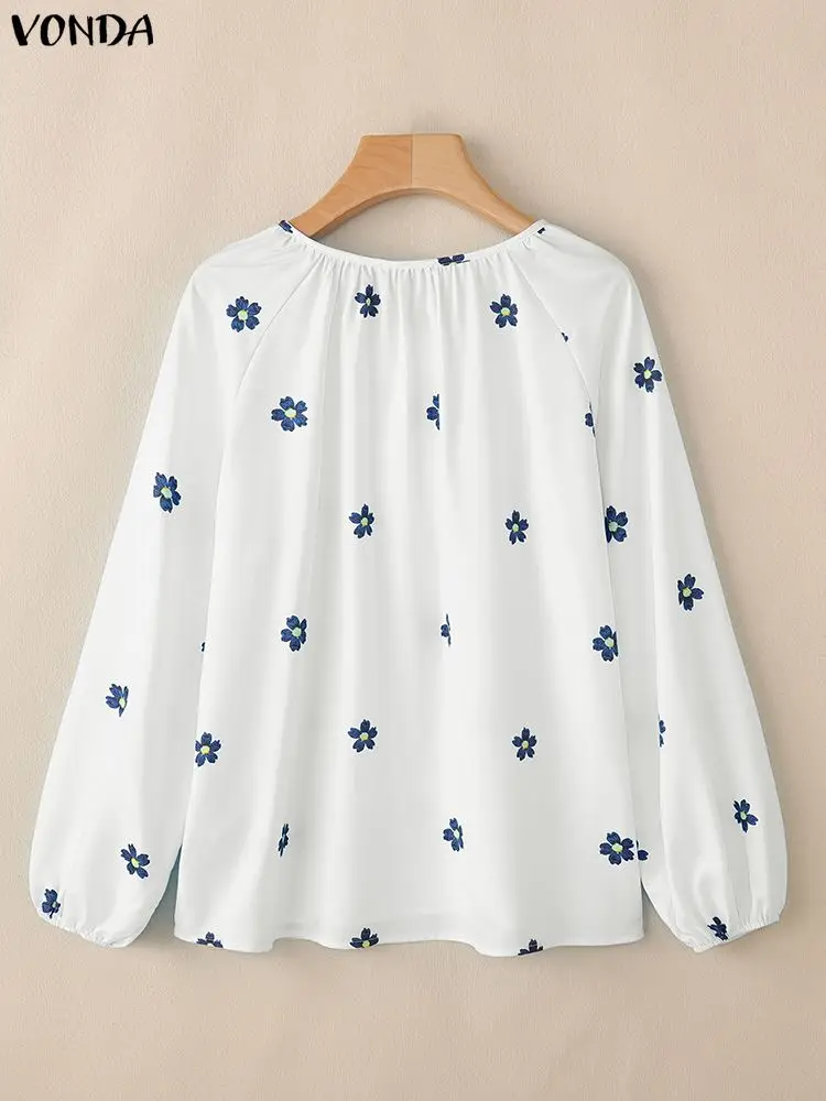 2026 VONDA ボヘミアン女性花柄ブラウス春のファッションシャツロングパフスリーブ O ネックカジュアルチュニックトップス Blusas Femininas