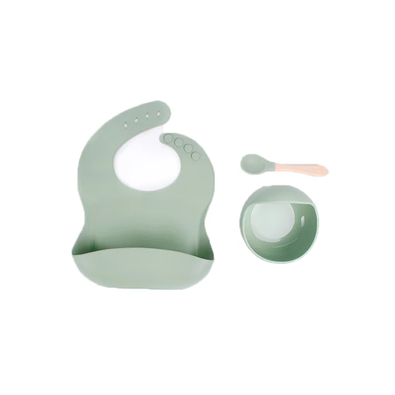 

3PCS Children's Silicone Tableware Set Food Grade Silicone Suction Cup Bowl Bib Wooden Handle Spoon Set Anti Slip Baby Dishes