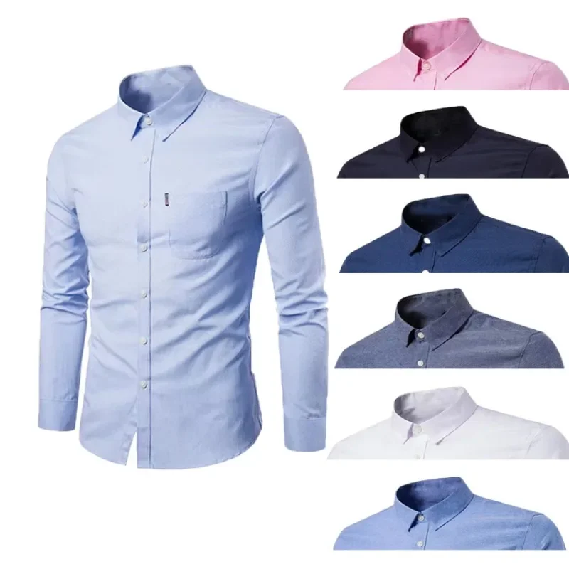 

Mens Shirt New Oxford Spun Long Sleeve Shirt Free Iron-free Slim Slim Solid Color Young and Middle-aged Casual Mens Wear