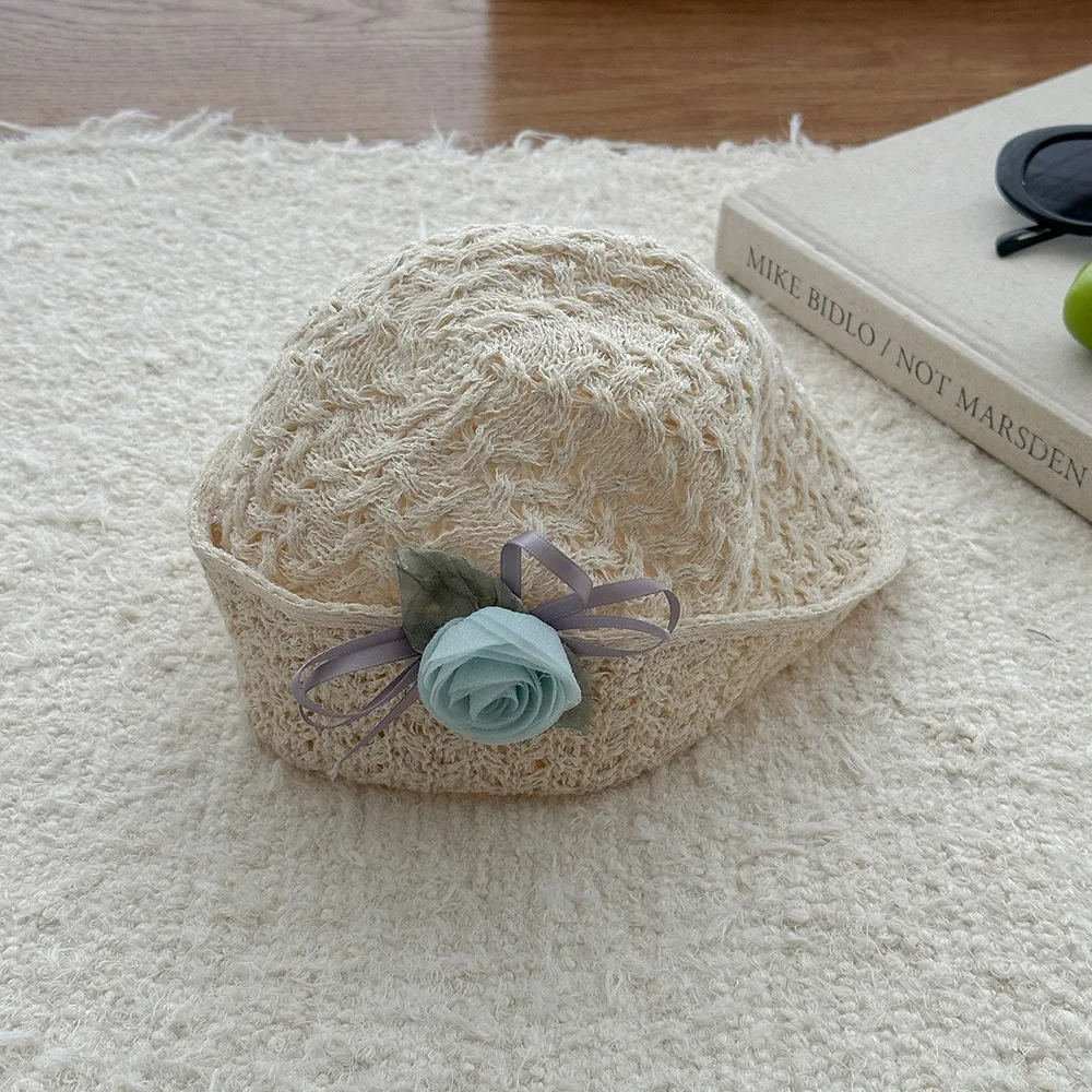 2-8Y 3D 로즈 키즈 밀짚 모자 여름 양동이 모자 태양 보호 태양 휴가 해변 태양 모자