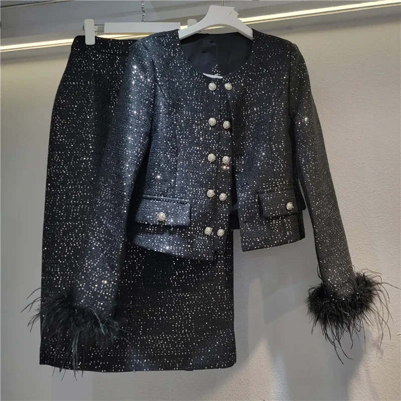 Cuffs Ostrich Hair Sequined Jacket High Waist Skirt Sets Autumn New Long Sleeve Short Coat Two Piece Sets Womens Outifits