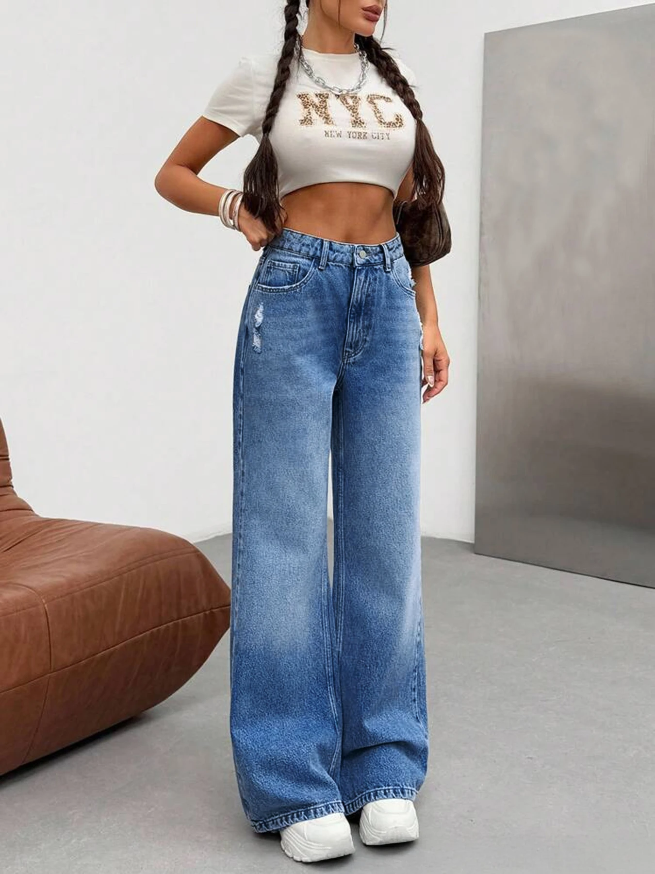 جينز نسائي عالي الخصر واسع الساق على الطراز القديم من التسعينيات، جينز فضفاض، طراز Y2K، مناسب للجينز الربيع والصيف