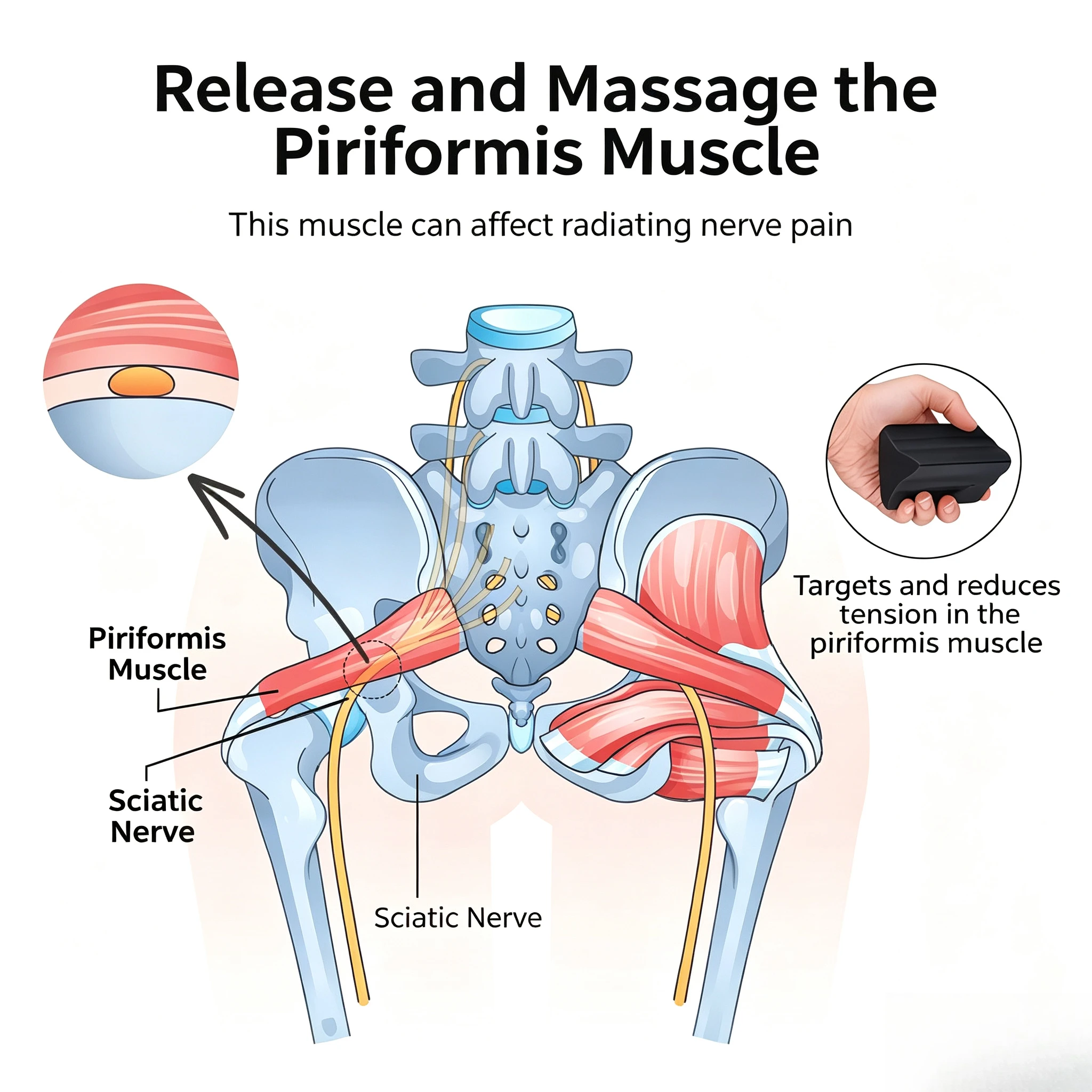 Piriformis Massage Roller with 3 Different Heads for Targeted Trigger Point Pressure Relieve Pain and Tightness in The Low Back