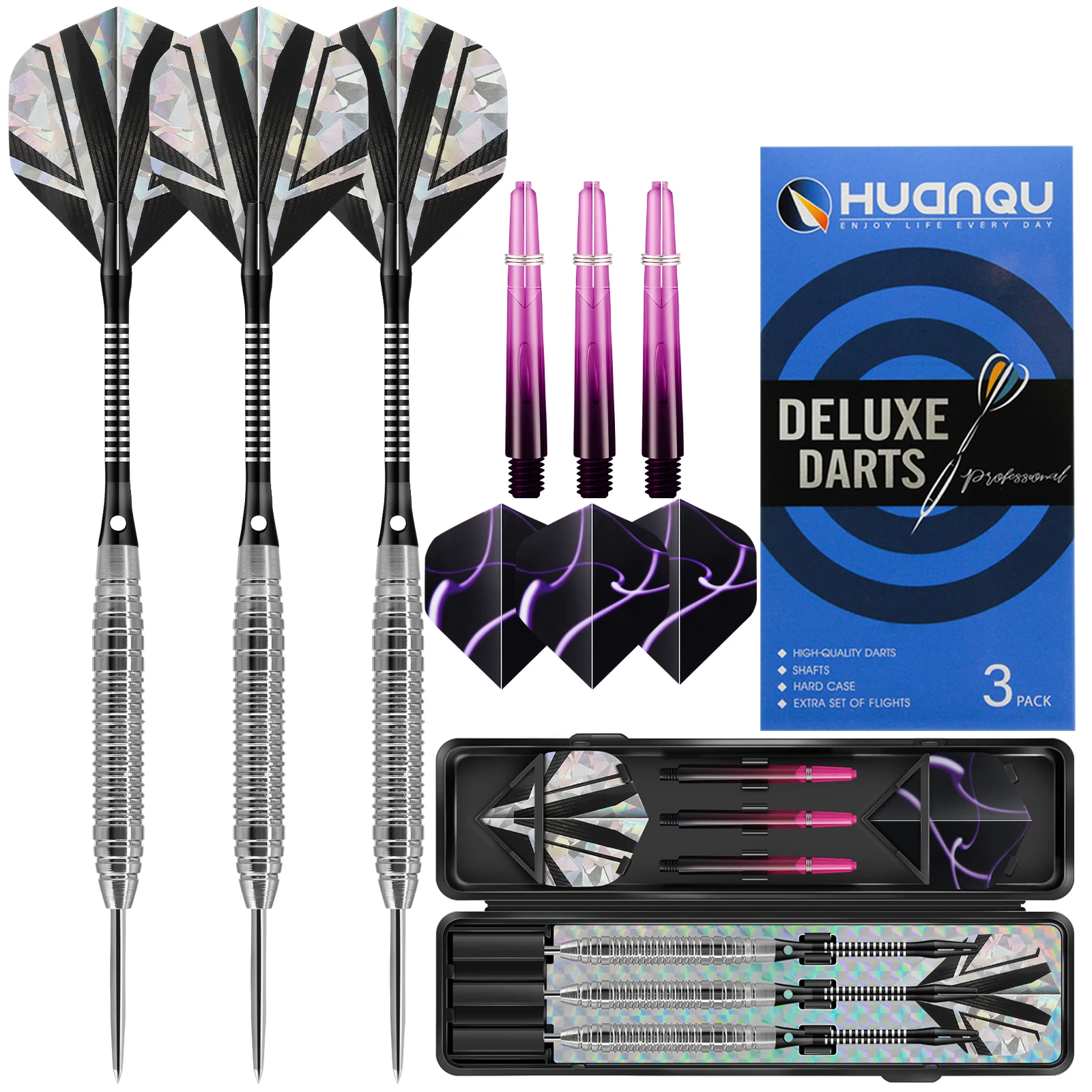 Huanqu Three-Piece Iron Dart Set Professional Hard Dart Set Complete Set Includes Full Dart Set Extra Dart Shafts, Flights, Sharpening Stone Dart Board Accessories Family Bar Entertainment Party Game Supplies Set Suitable for Indoor and Outdoor Competition Training Advanced Color Scheme Dart Enthusiasts' First Choice Easter Gift/Valentine's Day Gift/Birthday Gift
