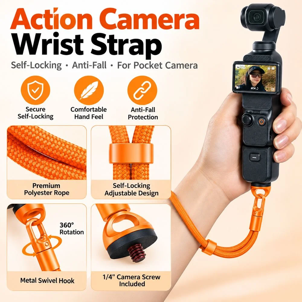 Self-Locking Action Camera Wrist Strap With 1/4 Screw Anti-Fall Camera Wrist Lanyard for DJI OSMO Pocket 4Pro Luna ultra