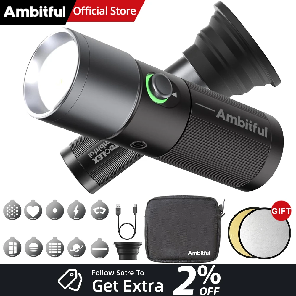 AMBITFUL 10W Video Fill Light With Gift 2in1 Reflector Projection Light Flashlight 4 Color 10pcs Magnetic Shape Card