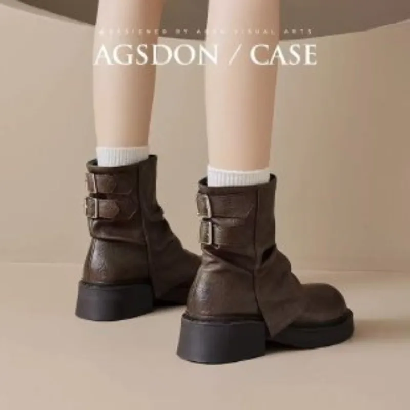Vintage Distressed Slouch Mid Calf Boots for Women Thick Sole Block Heel Round Toe Soft Leather Boots Back Zipper AutumnFootwear