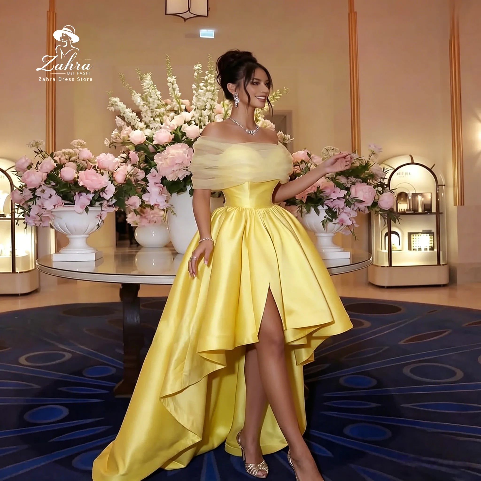 Women's Formal Evening Gowns Yellow Off Shoulder High Low Satin Long Evening Dresses Elegant Party Dresses Wedding Dresses