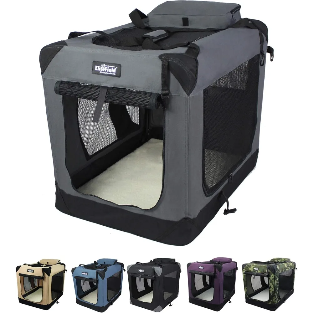 

3-Door Folding Soft Dog Crate with Carrying Bag and Fleece Bed (2 Year Warranty), Indoor & Outdoor Pet Home (30" L x 21" W x 24
