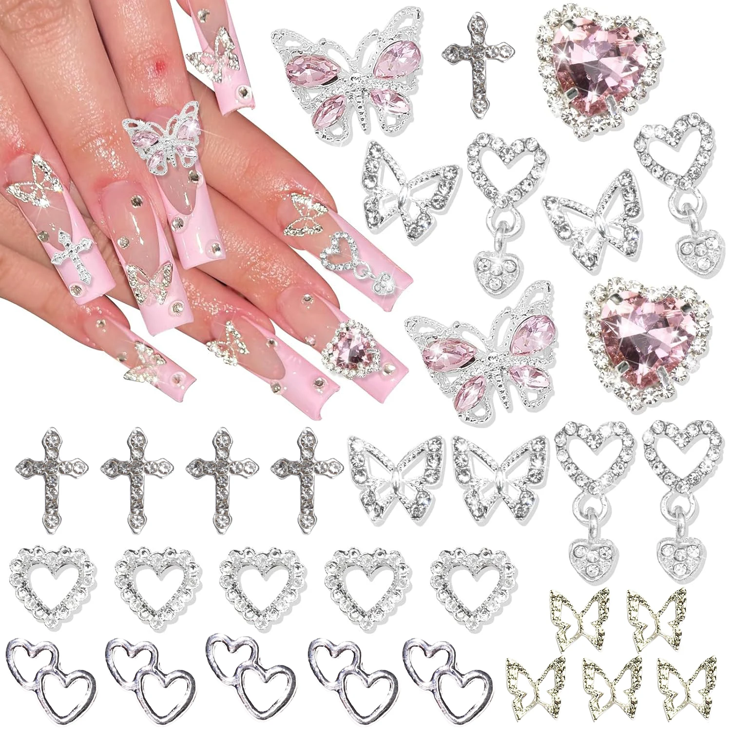 47PCS 3D Butterfly Nail Charms Silver Cross Nail Art Charms Dangle Heart Charms for Nail Heart Nail Gems Luxury Nail Jewelry