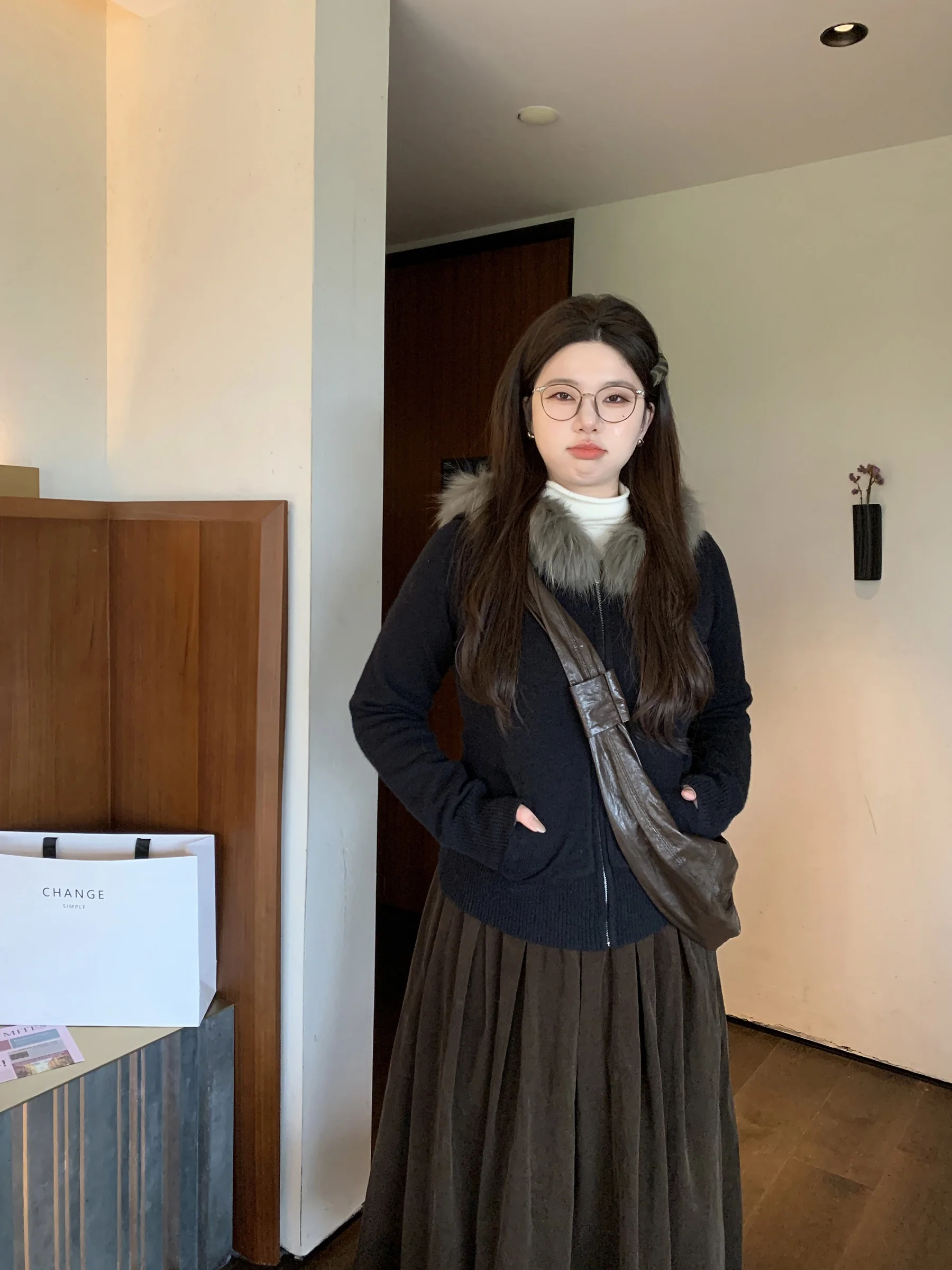 

plus Size Hoodie Knitted Jaet Rabbit Fur Collar Night Mist Winter Solitude Vintage Sle Women's Cardigan Long Sve Zipper