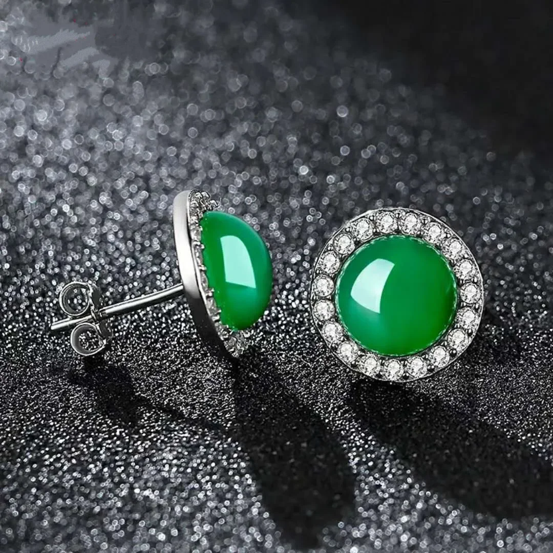 925 Sliver Emerald Jade Jewelry Earrings Chalcedony Agate Diamond Garnet Ear Studs Fashion Charm  Amulet Gifts for Women