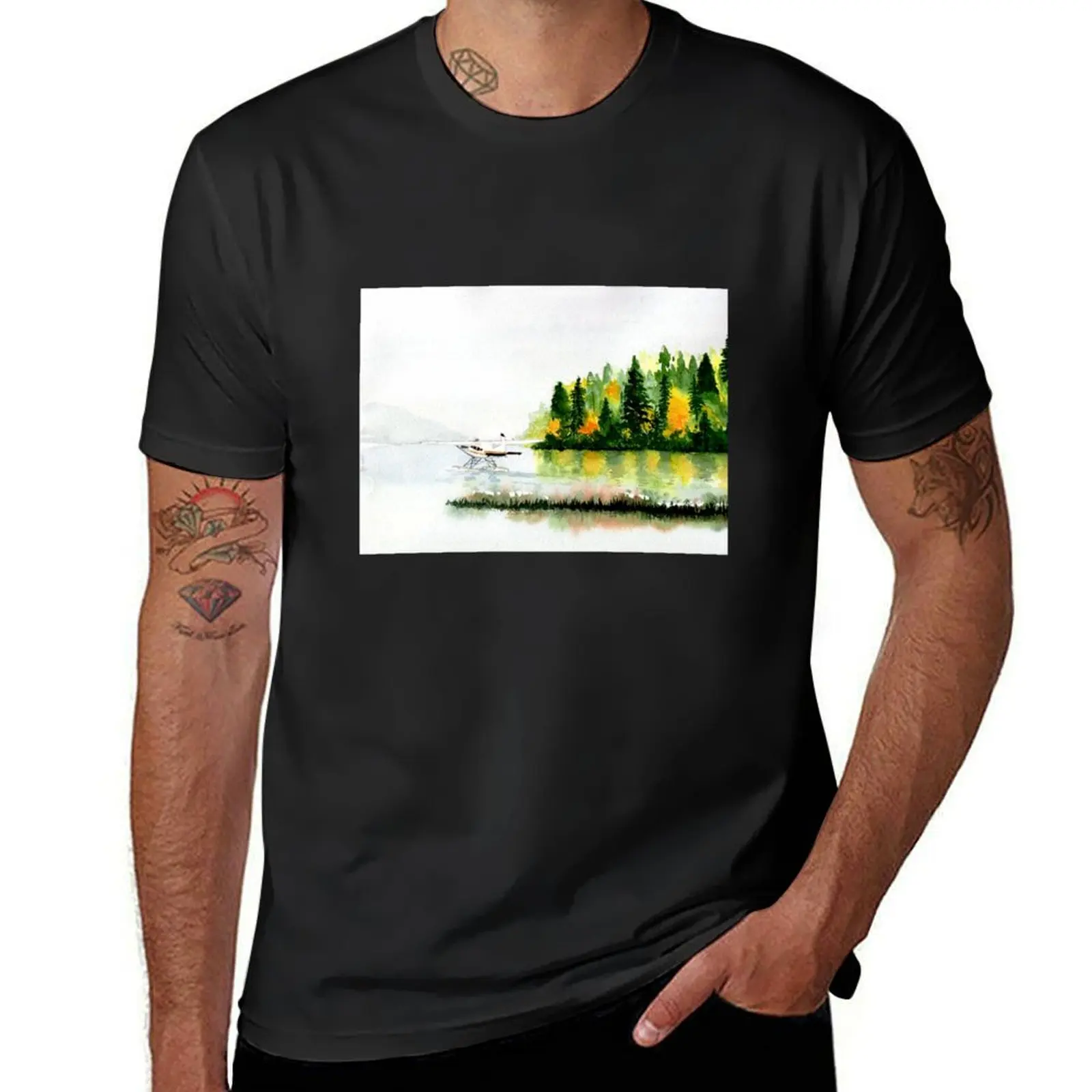 Pacific Northwest Float Plane in Fog, watercolor painting T-Shirt blanks vintage clothes men clothings