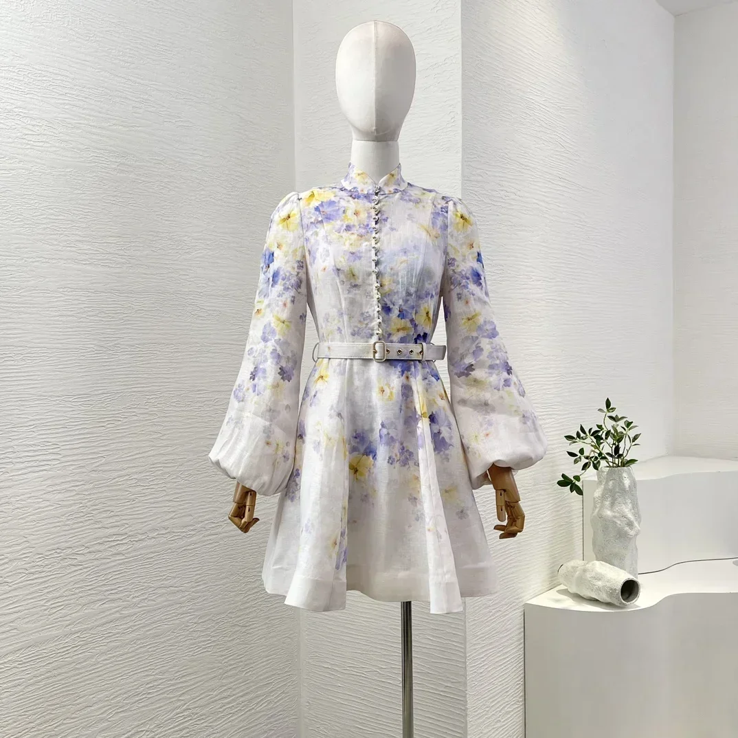 Neues hochwertiges weißes Minikleid Helllila Violett Gelb Blumendruck Reines Leinen Langarm Damen