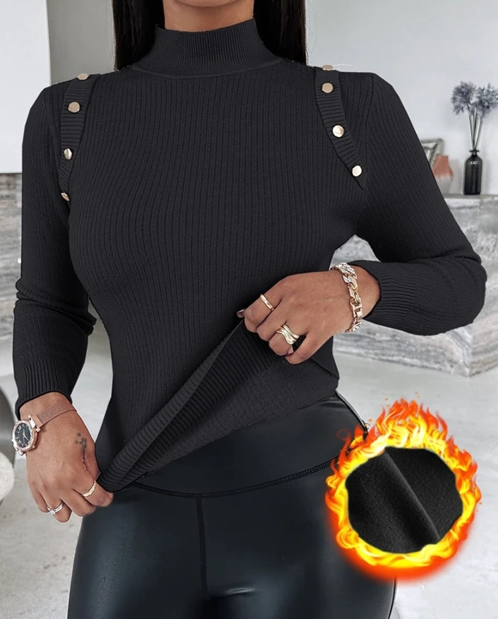 

Autumn Winter Fashion Women's Top High Neck Knit Sweater Fleece Lined Front Button Basic Layering Soft Thermal Top