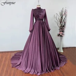 Funyue Long Sleeves Muslim Formal Dress Women High Neck Arabic Evening Party Ball Gowns Beads Chiffon Robe De Soiree Femmes