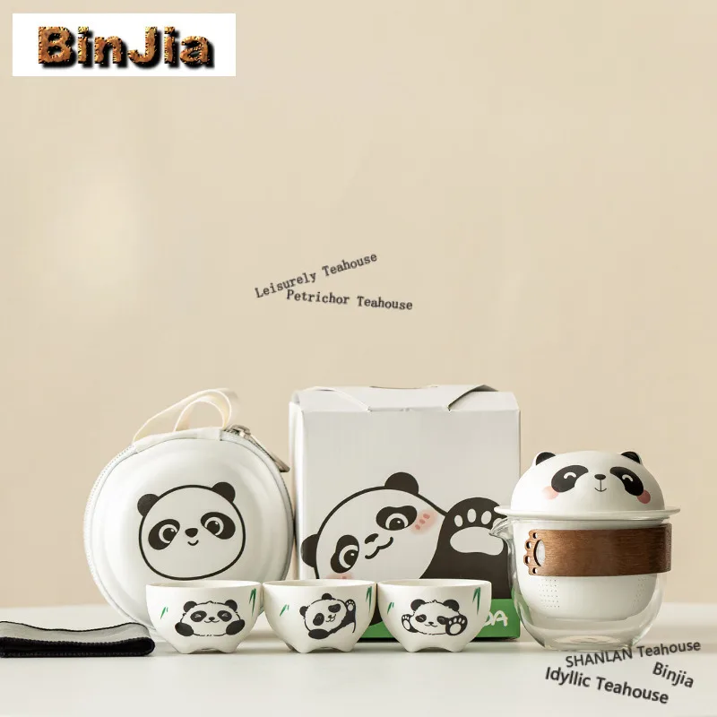 

Creative Panda Travel Tea Set Kit Zen 1 Pot 3 Cups Tea Brewing Organizer Portable Picnic Handbag Accessories Ornaments Supplies